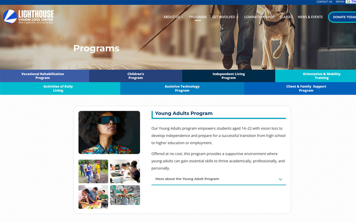 Lighthouse Vision Loss Center secondary website page detail connected to the Lumination shop