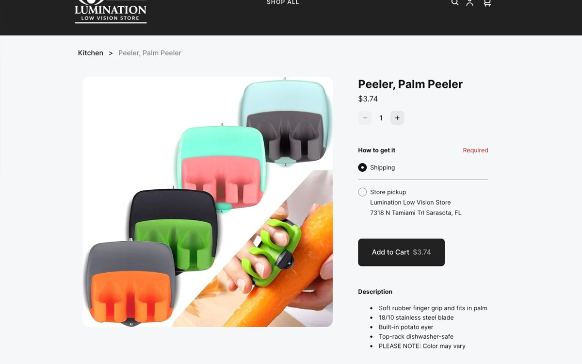 Lumination product browsing page for Lighthouse Vision Loss Center WooCommerce store