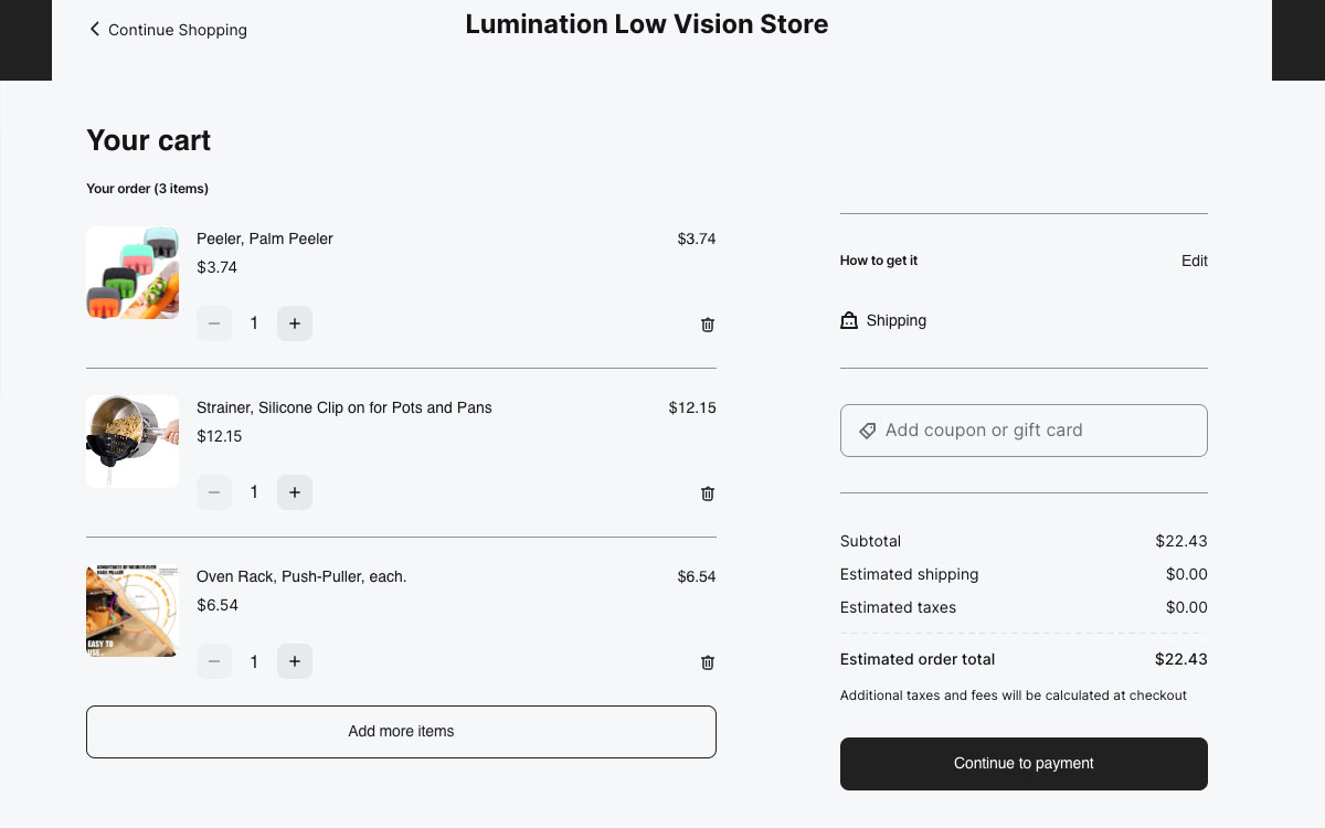 Lumination product detail page design for low vision product shopping
